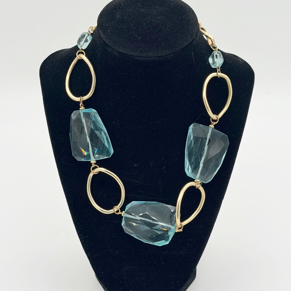 Aqua Blue Faceted Acrylic Chunky Statement Necklace Gold Tone Geometric Bib